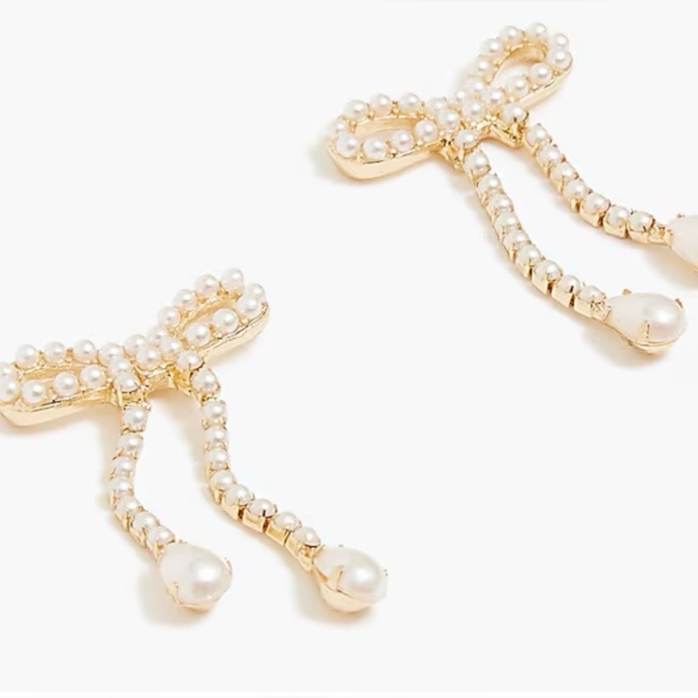 J. Crew Gold Bow Drop Earrings with Crystal Strands and Pear Drops - Picture 2 of 4